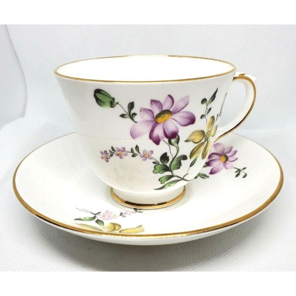 Fine Bone China Crown Staffordshire England Violet Purple Yellow Floral Gold Tri - Picture 4 of 12